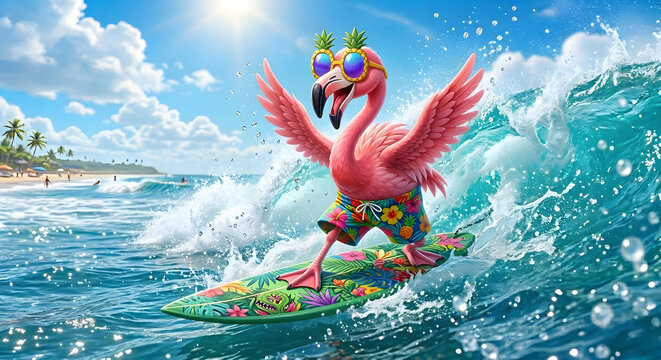 Cute cartoon flamingo surfing on ocean waves, 3D illustration summer vacation concept.