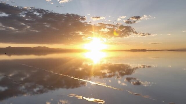 Salar de Uyuni in Bolivia during sunset. Aerial image Rainy Season.Time lapse.