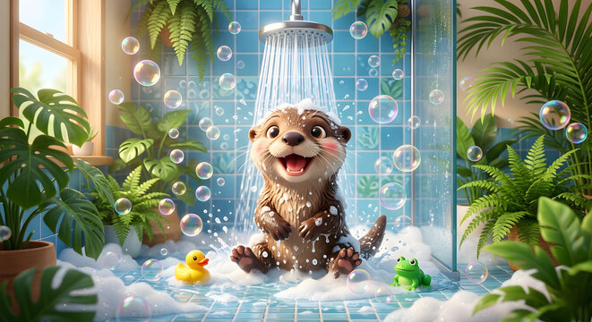 Happy otter character enjoying a bubble bath in a tropical-themed bathroom, 3D illustration.