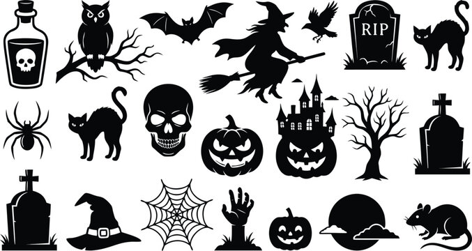 Spooky Halloween silhouette icon set featuring witch, pumpkin, bat, black cat, skull, and haunted house vector illustrations.
