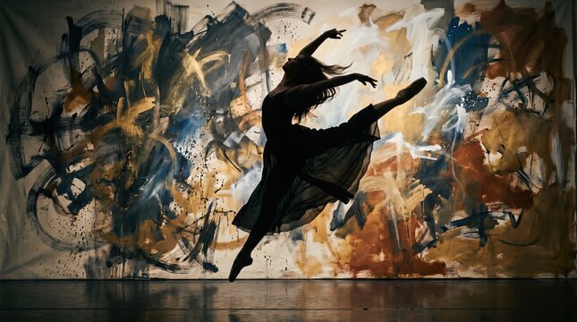 Silhouette of woman ballet dancer leaping in grand jet&eacute; pose against abstract painted backdrop. Graceful movement and artistic expression in performance