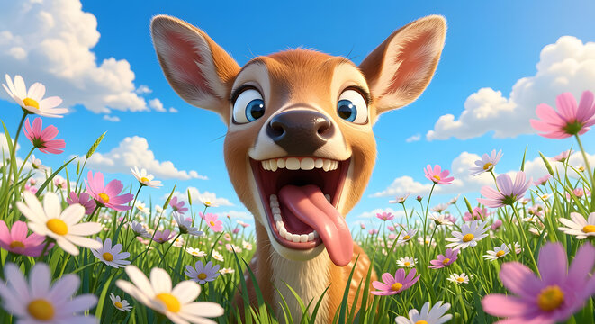 Cute 3D deer with funny expression sticking out tongue in a colorful flower field.