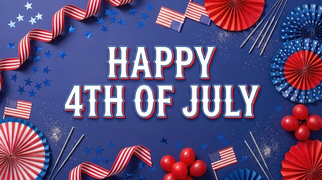 Patriotic flat lay with American flags, red balloons, white stars and sparklers on blue background. Holiday greeting card concept and festive decoration theme