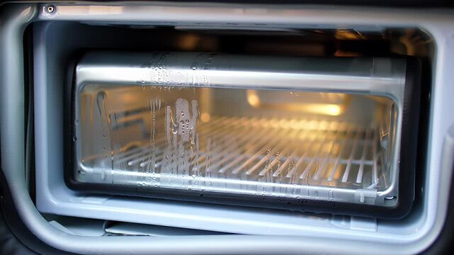 Damp metal rack inside a white fridge-like compartment