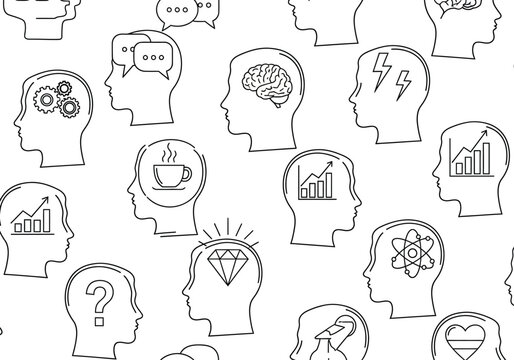 Human heads containing various cognitive symbols represent diverse mental states and analytical thinking processes.