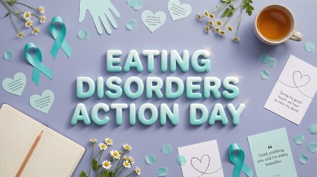 Teal 3D letters spelling eating disorders action day. Awareness flat lay with ribbons, daisies, inspirational hearts, notebook and tea cup. Mental health support and body positivity concept