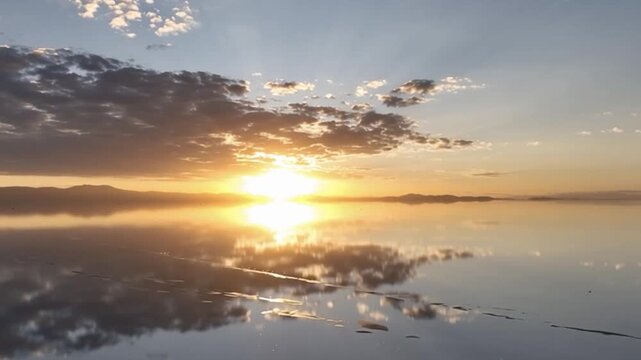 Salar de Uyuni in Bolivia during sunset. Aerial image Rainy Season.Time lapse.