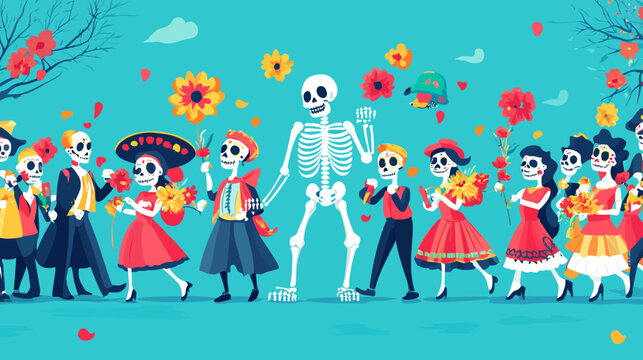 Colorful skeleton festival scene with dancing and floral decorations