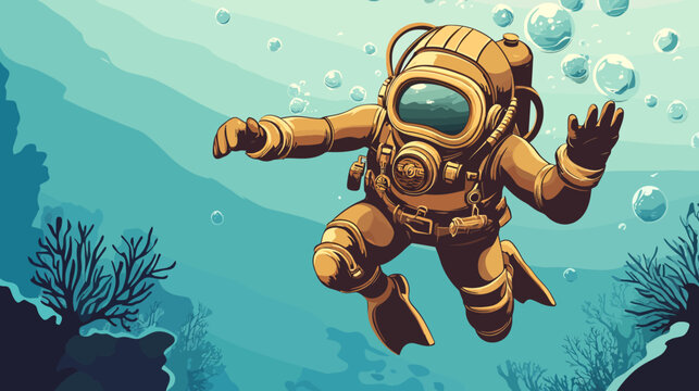 Diver in deep ocean exploring coral reef with bubbles and aquatic life
