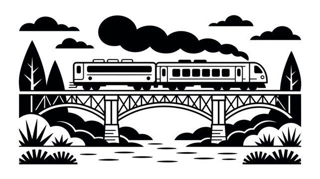 This artistic black and white illustration of a passenger train crossing a large arched bridge over a flowing river captures the essence of classic travel and modern industrial transportation design