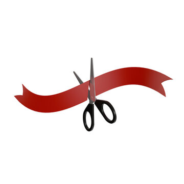 3D illustration of black scissors cutting a red ribbon, symbolizing a grand opening or business inauguration ceremony. Ideal for new business launch announcements, event invitations, and corporate pre