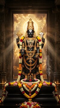 Sacred Lord Venkateswara idol in grand temple inspired setting standing majestically on polished black stone pedestal decorated with luxurious golden ornaments precious jewelry and vibrant floral garl