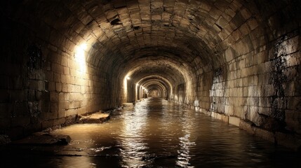 Obraz premium Underground stone tunnel with flowing water and arched ceiling