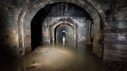 Obraz premium Flooded underground stone tunnel with arched brick ceiling