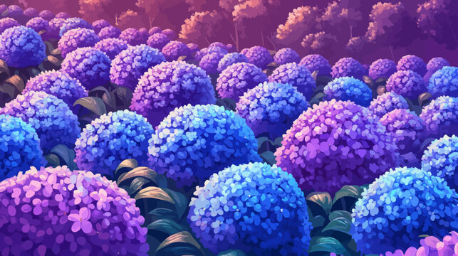 Vibrant lavender and blue hydrangea garden under soft sunset light