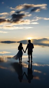Salar de Uyuni in Bolivia during sunset. Aerial image Rainy Season.Time lapse in vertical video