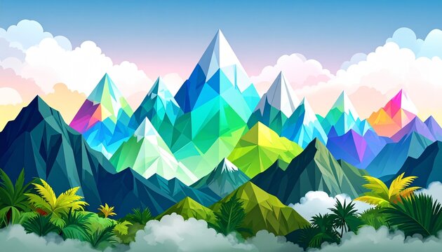 Colorful geometric mountain peaks with tropical foliage under pastel sky