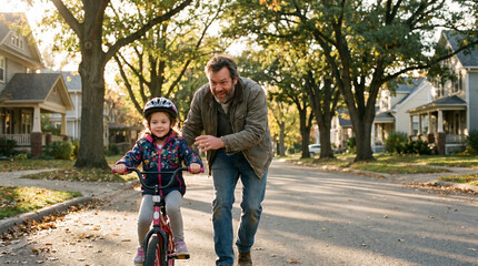 Obraz premium A heartwarming Father's Day celebration unfolds as a loving dad patiently teaches his joyful daughter to ride her first bicycle on a sunlit autumn street, strengthening their bond with every pedal