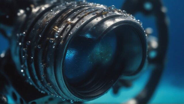 Deep-sea exploration drone camera lens underwater close-up