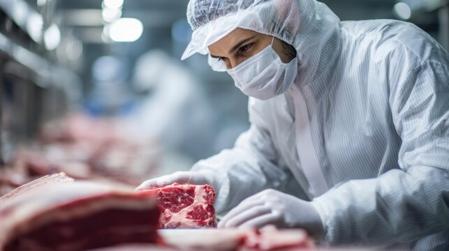 Food factory worker inspecting fresh raw meat in a hygienic processing plant wearing protective suit, mask and gloves for food safety quality control.generative ai