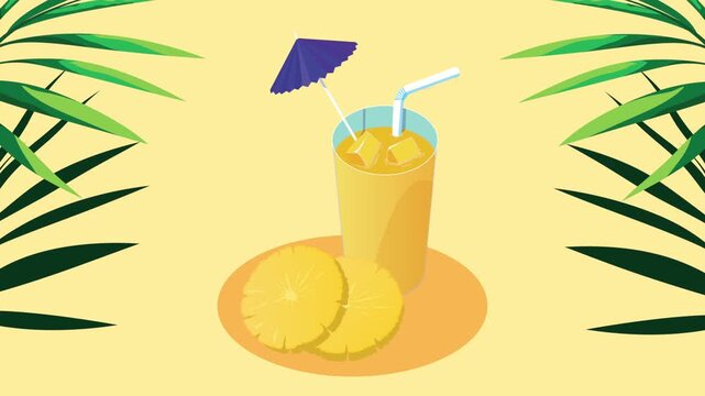 Isometric summer pineapple juice animation with tropical leaves and cold cocktail on yellow background.