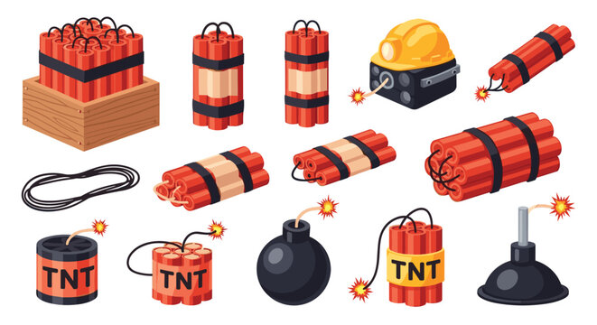 Extensive collection of cartoon-style dynamite sticks, tnt crates, and explosive bombs with burning fuses for games.
