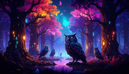 Fototapeta premium Owl perched in glowing futuristic forest with robotic creatures at night