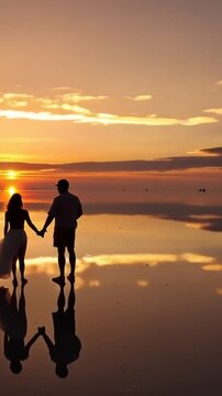 Salar de Uyuni in Bolivia during sunset. Aerial image Rainy Season.Time lapse in vertical video