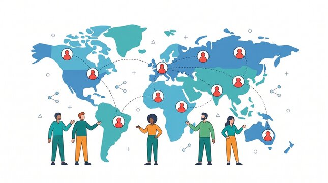 Flat vector illustration of global recruitment and international business hiring concept with people icons on world map and red employee markers for career candidates.