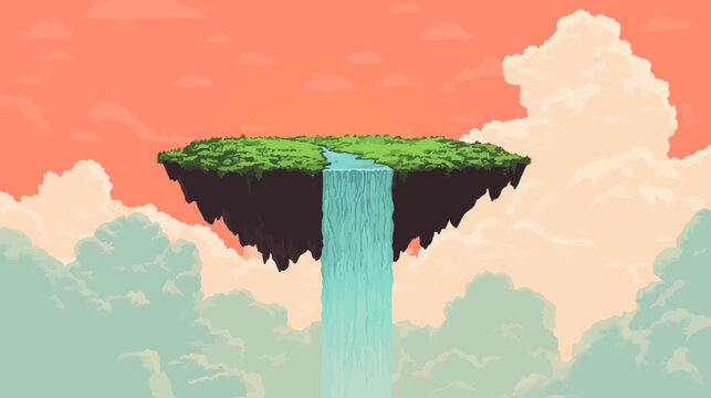 Floating island with waterfall, lush greenery, pink sky, clouds