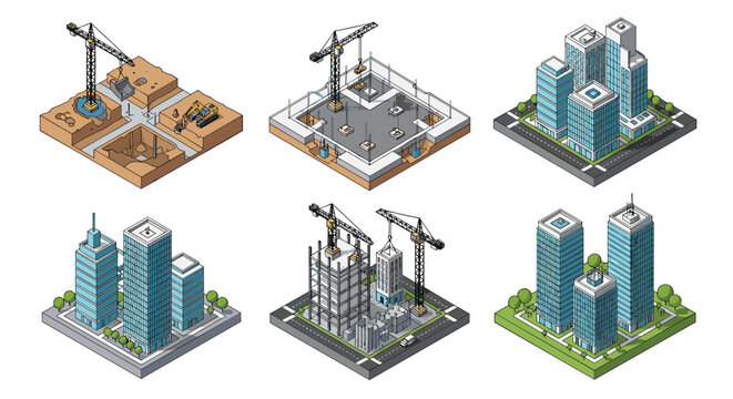 Isometric series showing different stages of construction from building foundations to completed modern skyscrapers.