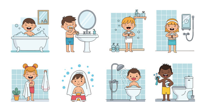 Educational set of children cartoon characters performing daily bathroom hygiene tasks like bathing and brushing teeth.
