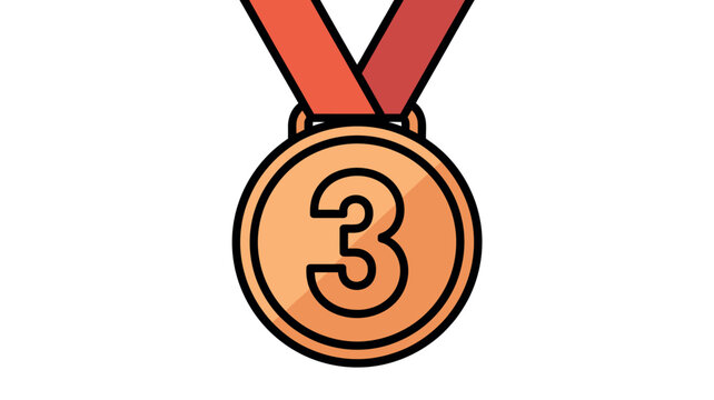 Bronze medal illustration showing a round award with the number three engraved in the center hanging from a bright red ribbon representing third place achievement in a competitive sporting event