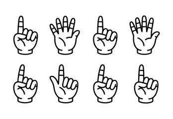 Fototapeta premium Detailed black and white line art vector graphic showing multiple hand gesture icons with fingers pointing up and open palms arranged in a clean grid pattern on a plain surface