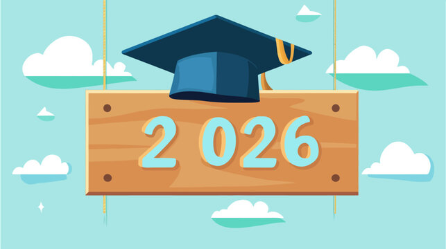 Wooden sign with year "2026" and a graduation cap in sky