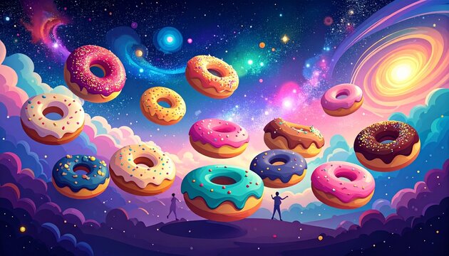 Floating donuts in cosmic space with glowing galaxies and colorful nebula background