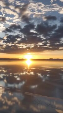 Salar de Uyuni in Bolivia during sunset. Aerial image Rainy Season.Time lapse in vertical video