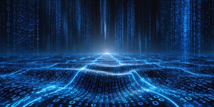 Sreaming data, binary data moving on a digital road Digital Code road, ai, artificial intelligence concept.
