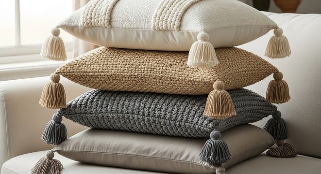 Stacked knitted throw pillows with tassels on white couch by window
