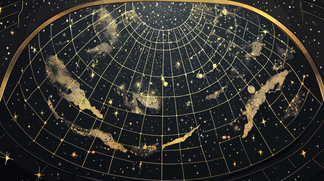 Artistic, celestial map in gold and black with constellation patterns