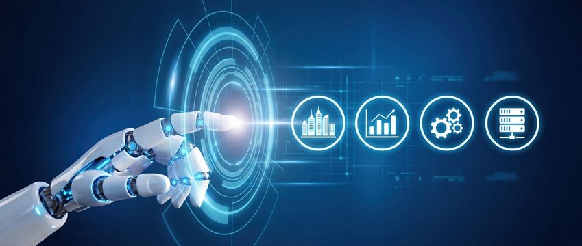 Futuristic robot hand touching digital interface with city, analytics, settings, and server icons