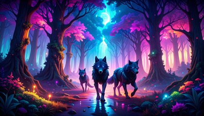 Naklejka premium Robotic wolves running through neon holographic forest at night