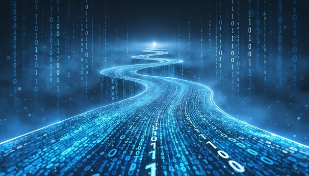 Sreaming data, binary data moving on a digital road Digital Code road, ai, artificial intelligence concept.