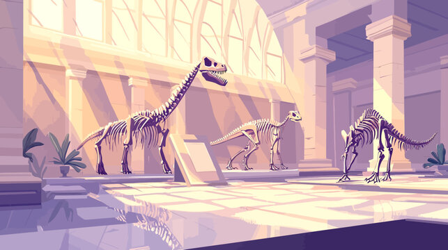 Digital illustration of dinosaurs skeletons displayed in a museum