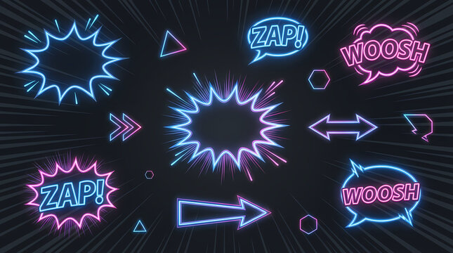 Futuristic comic book effects set with neon zap and woosh speech bubbles