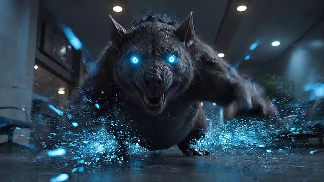 A fierce, glowing-eyed wolf charges forward through rain and puddles in a dark urban setting, eyes illuminating with an intense blue glow.Hantavirus. Rodent virus.