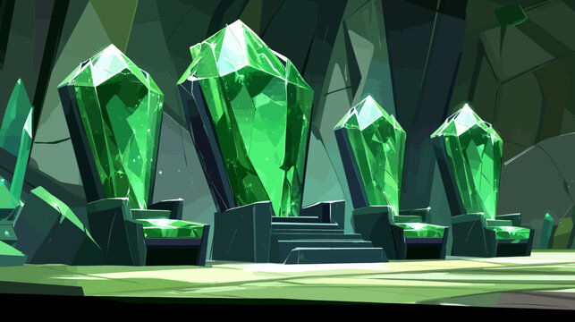 Digital illustration of glowing green crystals on dark platform in cavern