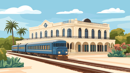 Fototapeta premium A vintage train passing in front of a stately building with palm trees