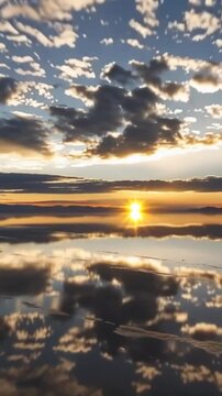 Salar de Uyuni in Bolivia during sunset. Aerial image Rainy Season.Time lapse in vertical video