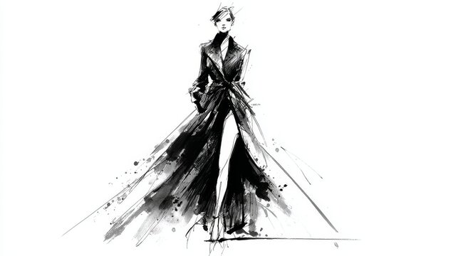 fashion runway sketch, dynamic model pose, expressive black pencil strokes, monochrome, white background, Paris fashion week aesthetic